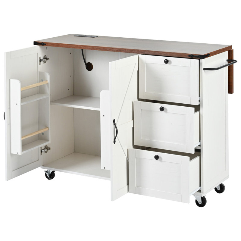 54.5" Farmhouse Kitchen Island with Power Outlet, Kitchen Storage Island  with Internal Storage Rack, Drop Leaf, Spice Rack, Rolling Kitchen Cart on Wheels, for Home, Kitchen and Dining Room