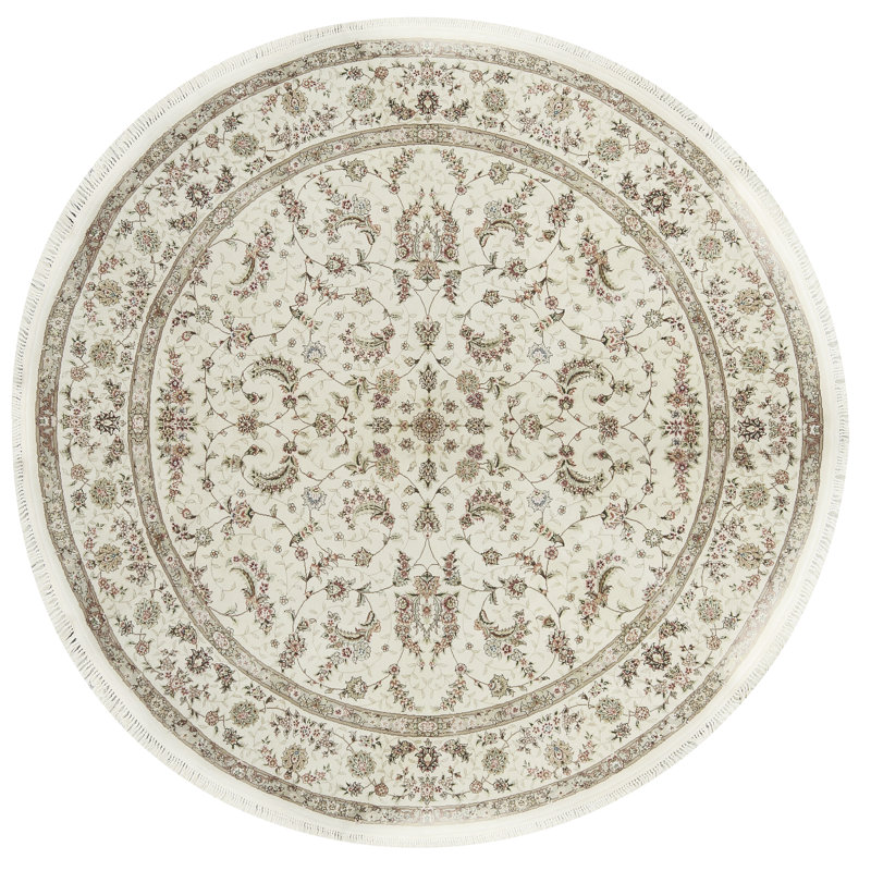 Hand-Knotted High-Quality Ivory and Taupe Round Area Rug