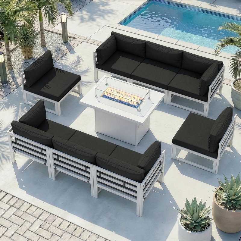 Anevaeh 8-Person Outdoor Patio All-Aluminum Sectional Conversation Set with Fire Pit Table and Cushions, White , Light Gray