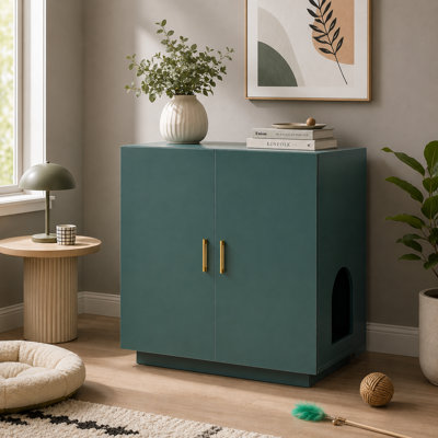 Litière pour chat à deux portes, grain de bois vert rétro et quincaillerie dorée, rangement multifonctionnel, espace pour chat privé