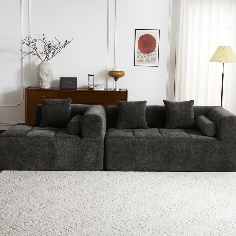 Canapé modulaire gris pour espace de vie, 101,2 po. Conception modulaire avec un confort en mousse complète. Courbe confortable. 3 coussins carrés et 2 traversins. Dossier. Inspiration américaine. Hauteur de 27,2 po. Largeur de 50,4 po. 110,98 lb