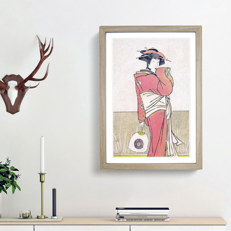 Lady Holding a Fan by Katsukawa Shunsho - Picture Frame Painting Print, Oak Framed, 36cm H x 27cm W x 2cm D