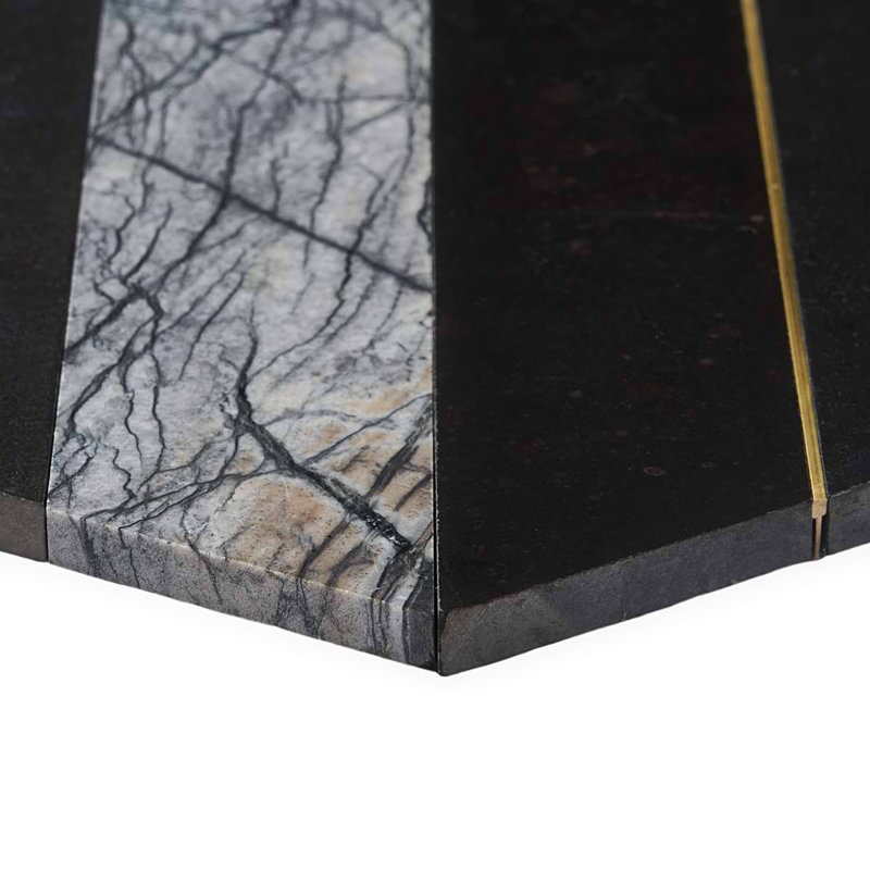 Margo 9" Hexagon Polished Nero Marquina Marble And Brass Mosaic Tile, Black/Gold