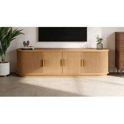 Wooden TV Stand with Sliding Tambour Door for TVs up to 75", Fluted Media Console with Adjustable Storage