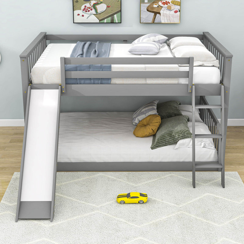 Full Over Full Bunk Bed with Slide and Ladder, Gray