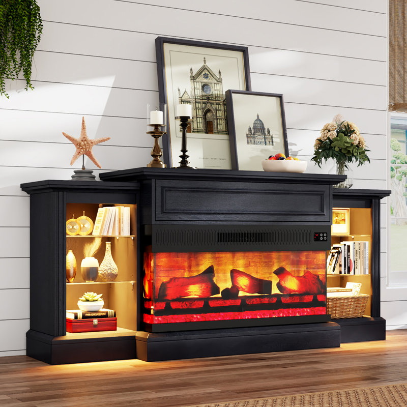 Alvilda 3-Sided Fireplace TV Stand with Adjustable Shelves & LED Light, Black, 70"