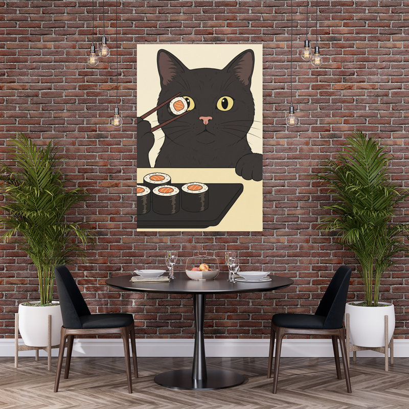 Drôle de chat à sushi, art mural contemporain, 60" H x 40" W