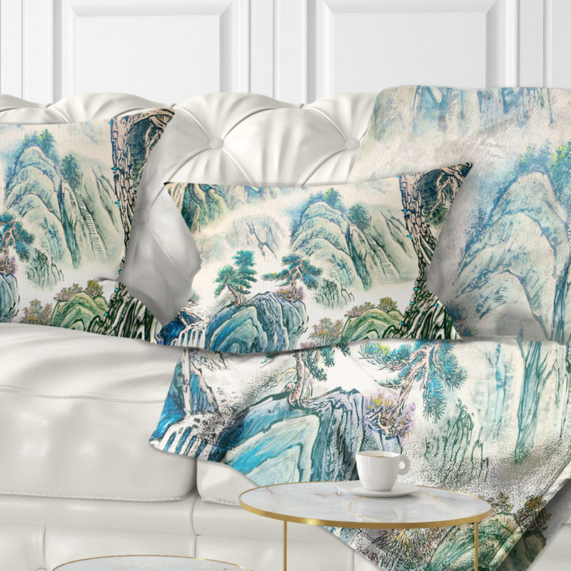 Coussin décoratif à imprimé floral bleu paysage chinois