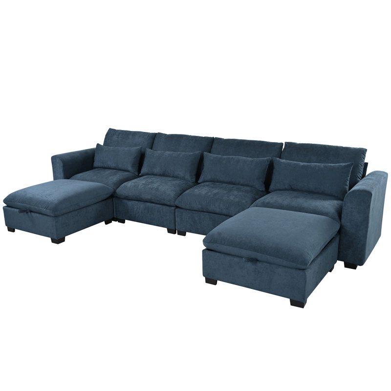 U_Style U-Shaped Freely Transformable Modular Corner Sofa With Two Ottomans, Blue Linen Blend