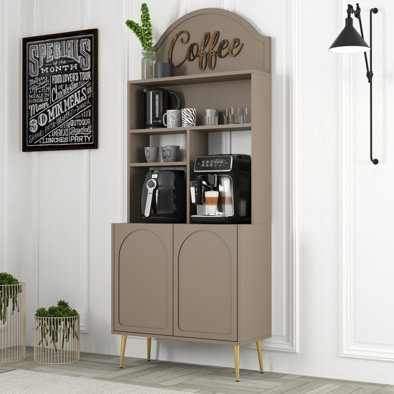 Armoire à café moderne, Atlas et or, 32,0 x 79,2 x 13,8 pouces | 100% panneau de particules enduit de mélamine, épaisseur: 0,7 pouce | Plusieurs tablettes, finition brune élégante, parfaites pour les solutions de divertissement à domicile et de rangement