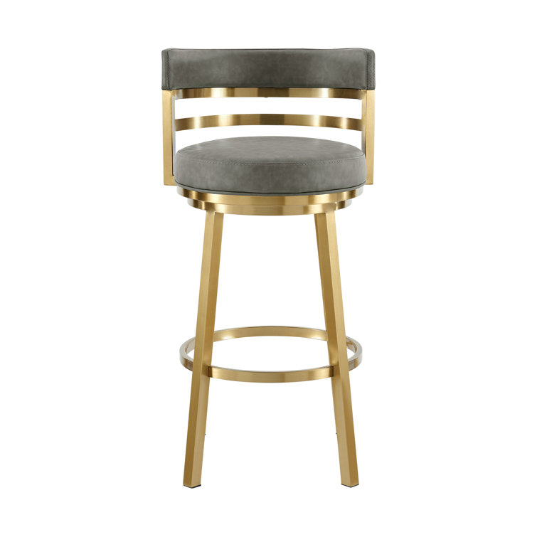 Deherrera Modern Swivel Counter or Bar Stool with Open Low Back and Footrest in Metal and Faux Leather