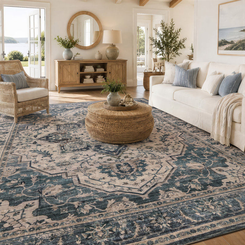 Tapis bleu marine antidérapant rétro, 6 pi 6 po x 9 pi