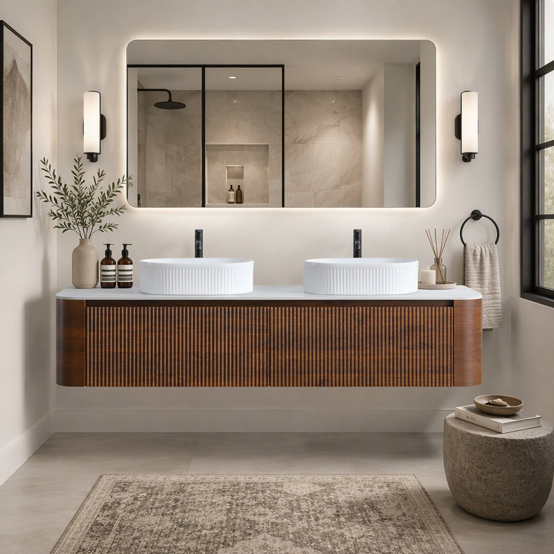 Meuble-lavabo mural double vasque de 183 cm (72 po) avec comptoir en pierre frittée, lavabos ovales en céramique blanche et porte-serviettes.