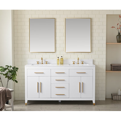 Meuble-lavabo double autoportant de 60 po avec plateau en pierre d'ingénierie Maddison