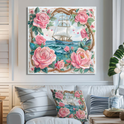 Pink Green Pirate Anchor With Pink Roses III - Coastal Wall Art Print