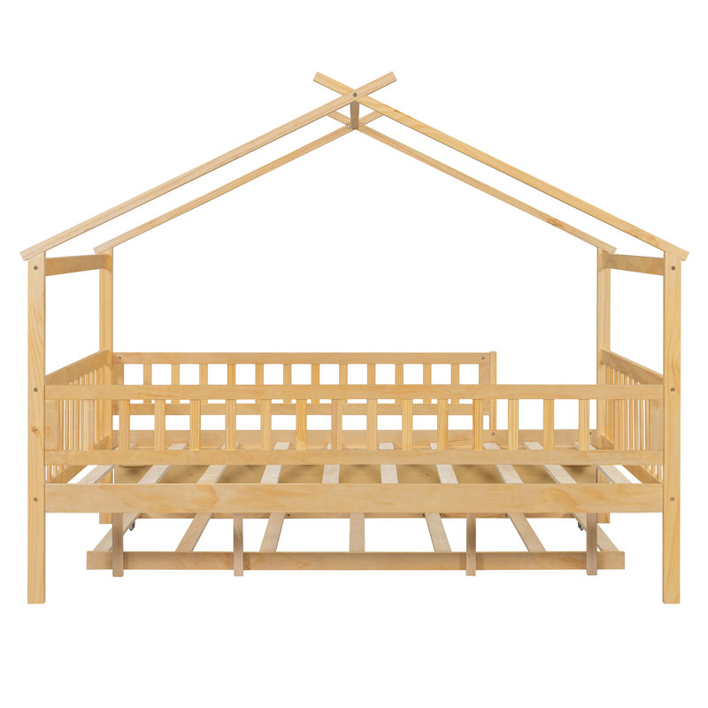 House Style Bed With Built In Trundle, Natural, Full