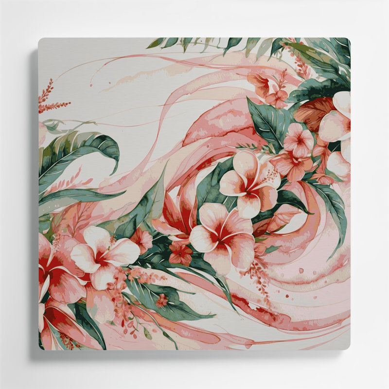 Art mural en métal hawaïen, corail et roses, H 16 po x l 16 po
