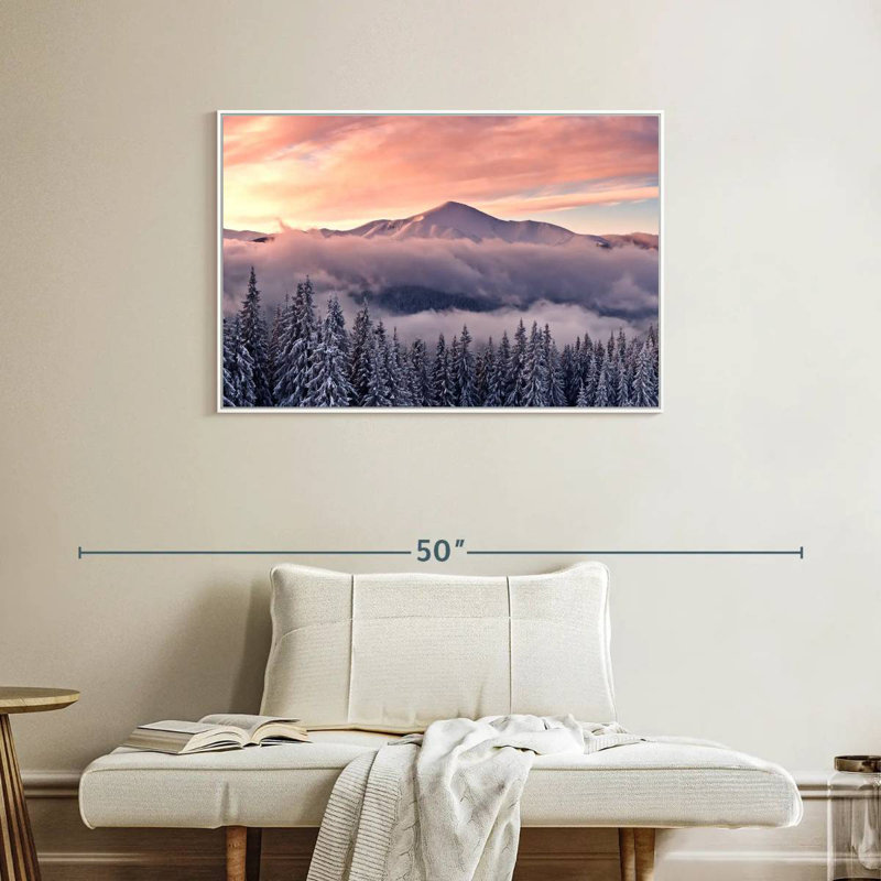 Mont enneigé au coucher du soleil, Cadre flottant blanc, 37 po x 25 po
