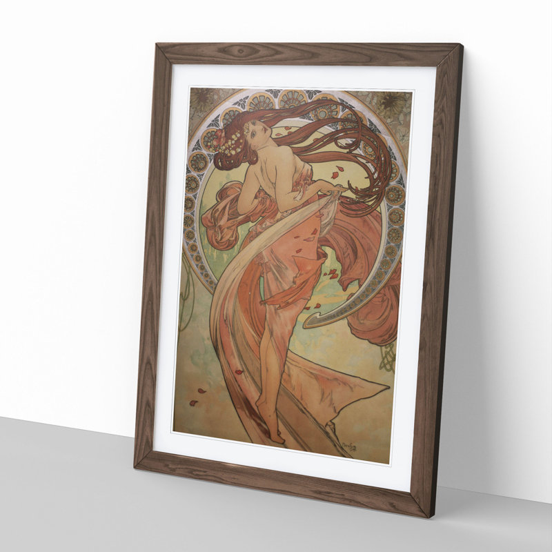 The Dance by Alphonse Mucha - Picture Frame Painting on MDF, Walnut Framed, 36cm H x 27cm W x 2cm D