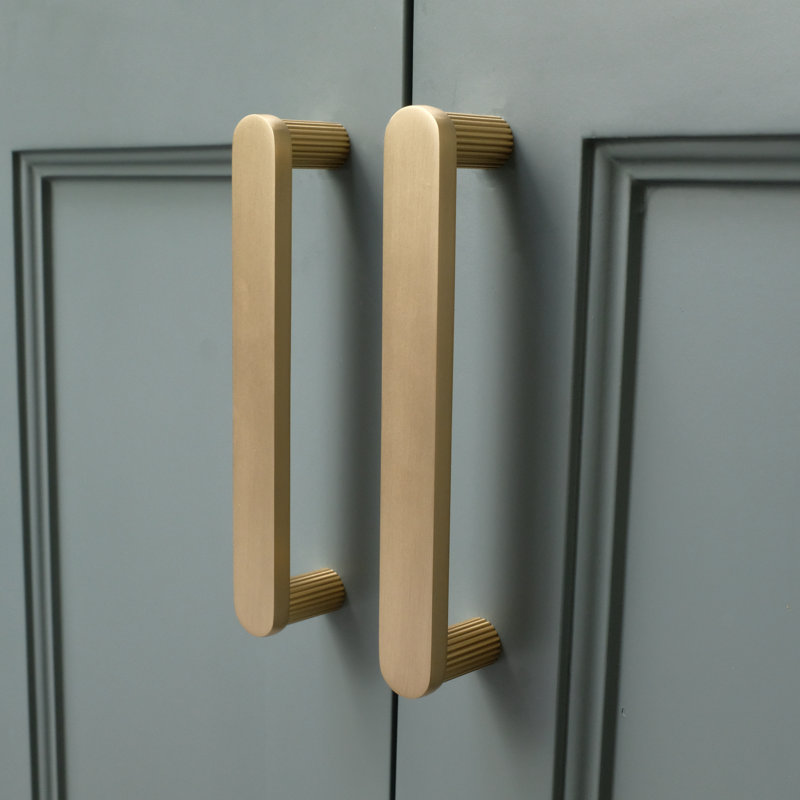 Ribbed Bar / Handle Pull with Fluted Stems, Satin Brass, 12"