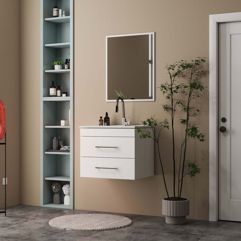 Meuble-lavabo mural brillant avec miroir, Argent argent, Blanc, 24"