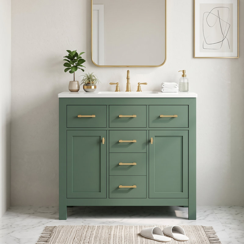 Meuble-lavabo moderne vert sur pied de 91 cm (36 po) avec lavabo en céramique, structure en bois massif, 4 tiroirs et 2 armoires de rangement. Robinetterie non incluse.