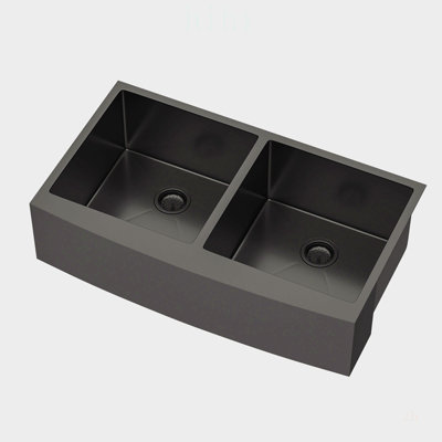 Évier de ferme à double cuve couleur canon de fusil - 84 cm x 53 cm x 25 cm, acier inoxydable de calibre 16 avec cuves profondes