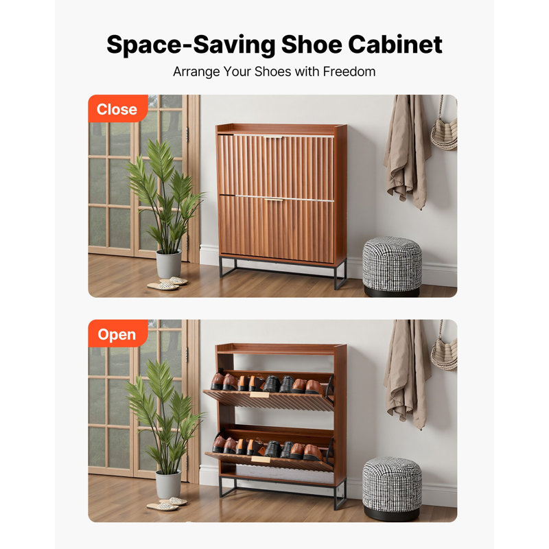 Armoire à chaussures avec 2 tiroirs rabattables, armoire de rangement pour chaussures Mid-Century avec dispositif anti-basculement, range-chaussures autoportant cannelé, idéal pour l'entrée, le couloir, la chambre à coucher, le salon, le noyer