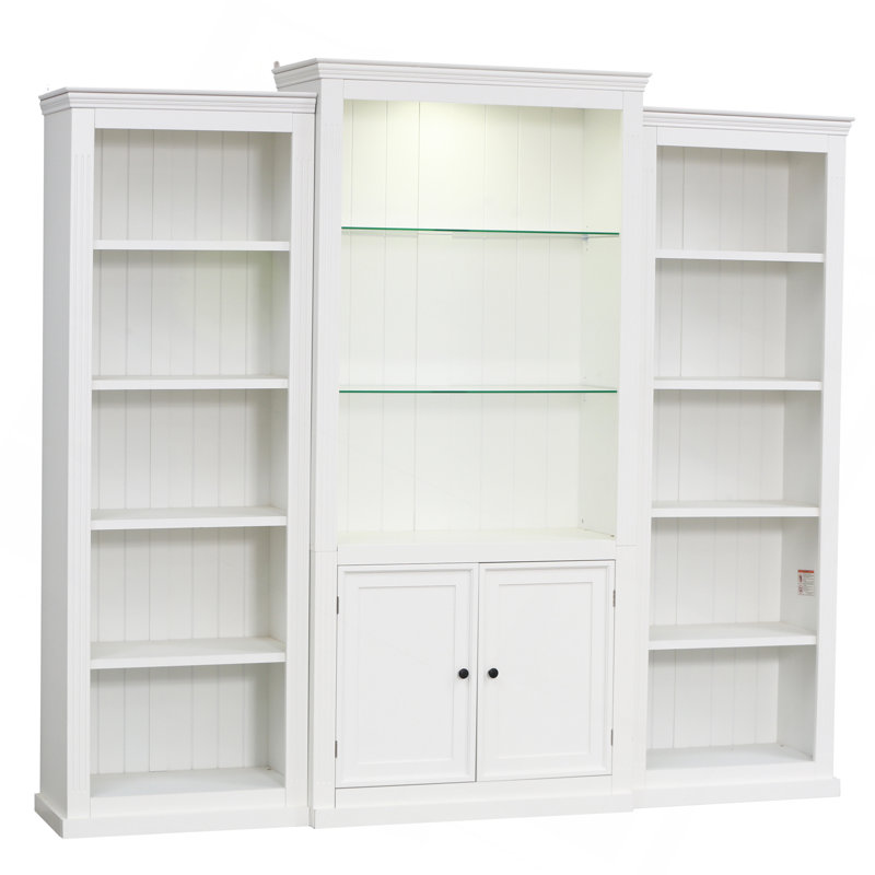 78.75'' Tall 3-Pieces Bookcase Display Cabinet With 5 Colors Adjustable LED Ceiling Light, Retro Style Bookshelves With Tempered Glass Shelves For Living Room, Office, Studio Or Workspace, White