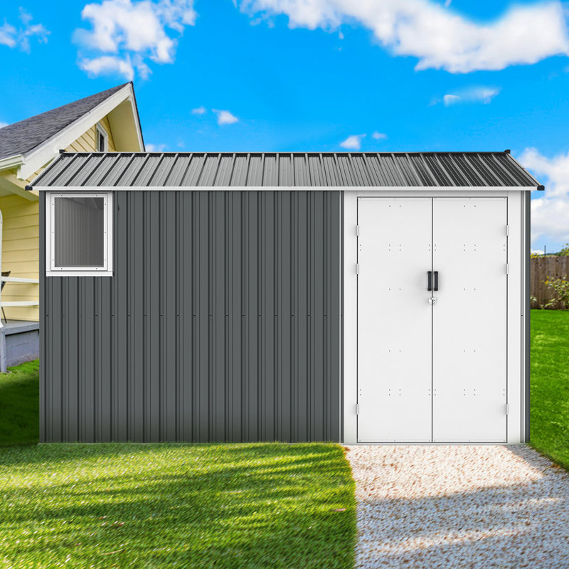 8X12 Ft Metal Shed With Air Vents & Double Hinged Door - Dark Gray Stable Floor Lockable