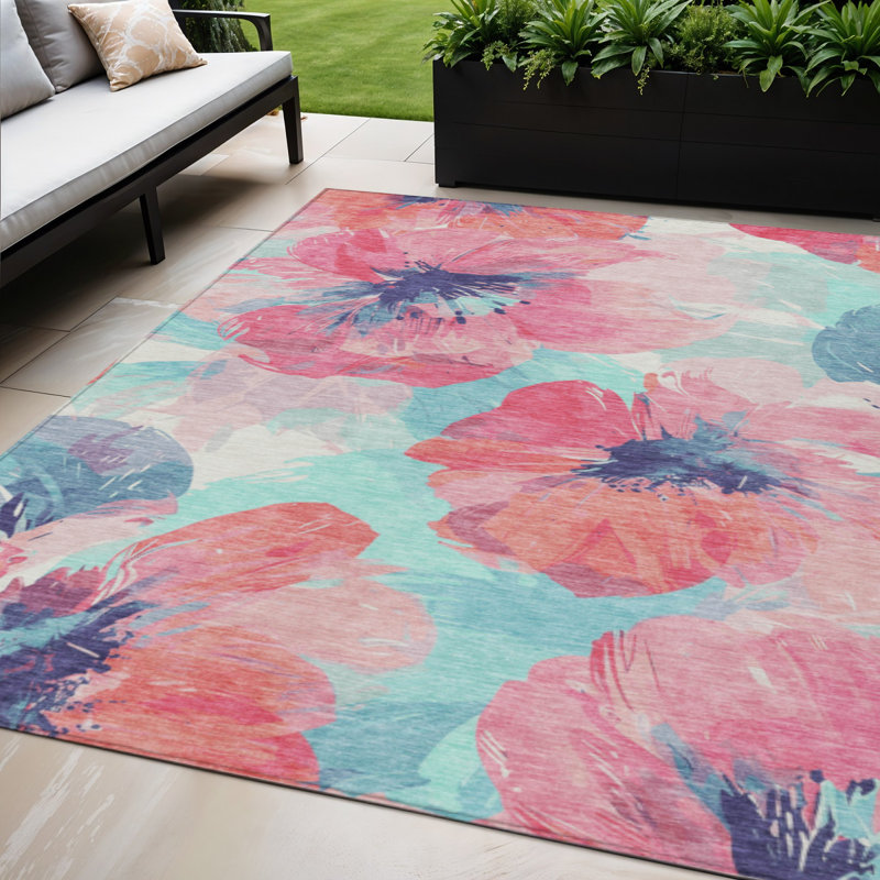 Tapis intérieur lavable floral rose et bleu ciel 5 pi x 8 pi