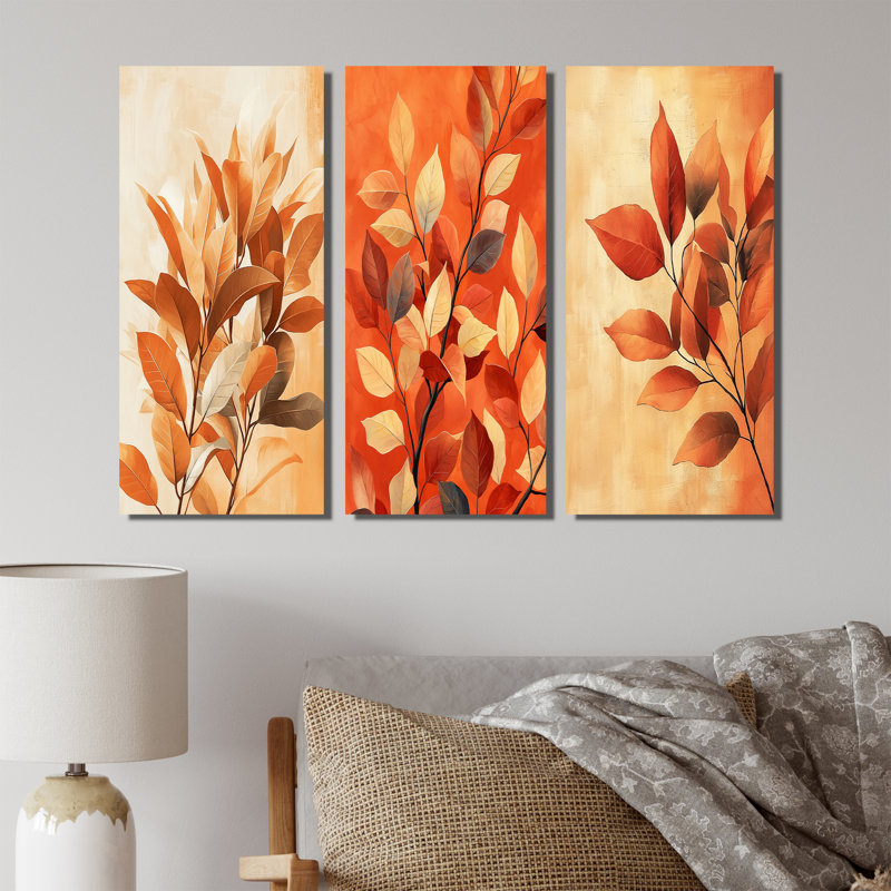 Terre cuite, feuilles, couches de la forêt I - ensemble de 3 décorations murales feuilles, Toile tendue, H 28 po x l 36 po