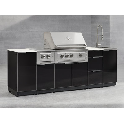 Ensemble d'armoires d'extérieur 4 pièces en aluminium gris ardoise avec 3 tiroirs, 1 gril au gaz naturel 36 po et plateau noir Dekton 16 po