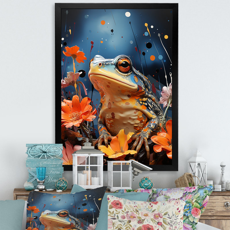 «Expressionist Frog Mouvement I» sur toile, Cadre simple noir, H 40 po x l 30 po x P 1,5 po