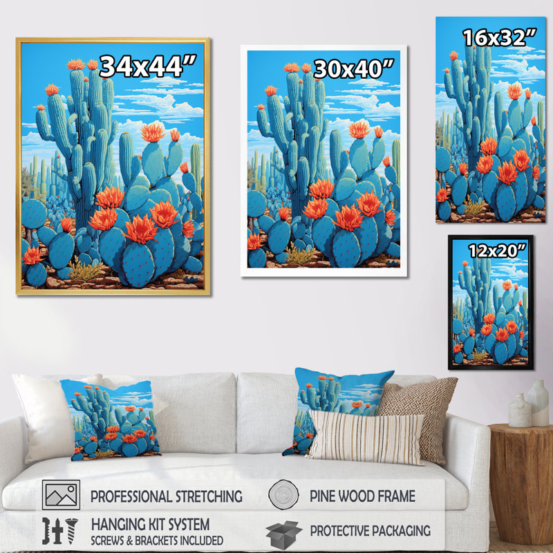Cerulean Blue Cactus Collage sur toile, H 32 po x l 16 po x P 1 po, Cadre naturel flottant