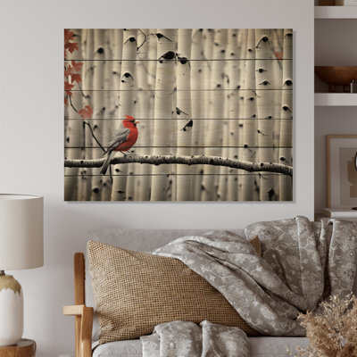 " Monochrome Red Gray Bird In Forest I "