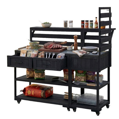 Îlot de cuisine extérieur H 65 po x l 62,3 po avec plateau en acier inoxydable, chariot de préparation de barbecue modulaire 2-en-1 et banc de rempotage avec deux tiroirs