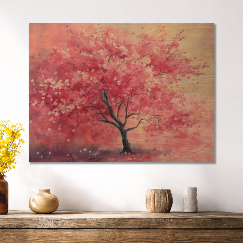 Arbre rose en fleurs - Art mural floral en bois, 30" H x 40" W, Rectangulaire