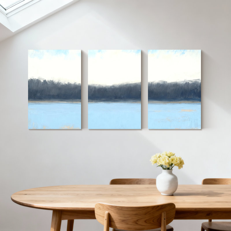 Hiver, forêt, paysage abstrait, eau, ciel, arbres, horizon, calme, sérénité, ensemble de 3 impressions sur toile