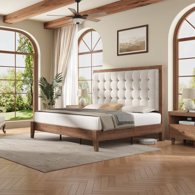 Behka Queen Solid Wood Platform Bed with Upholstered Tufted Headboard,Walnut