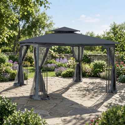 Outdoor Patio Canopy Tent Measuring 10x10 Feet, Features Ventilated Double Roof and Detachable Mosquito Netting on All Sides, Suitable for Lawns, Gardens, Backyards, and Decks, Gray Top