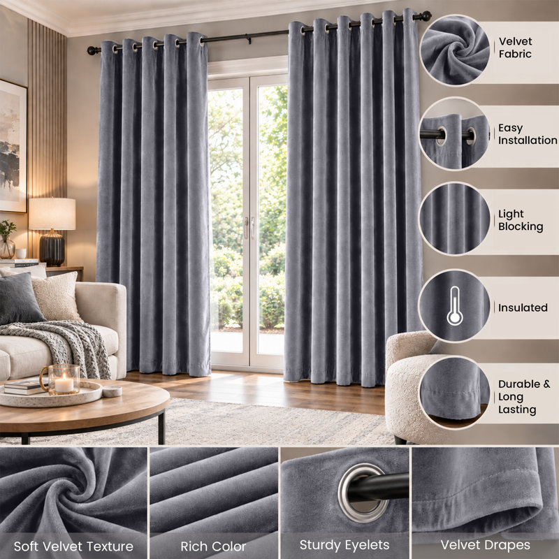Imperial Homeware London Velvet Room Darkening Curtains, Grey, 168 × 213 cm (Single Panel)