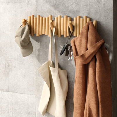 Picket 8-Hook Wall-Mounted Wooden Coat Rack with Adjustable Flip-Down Hooks
