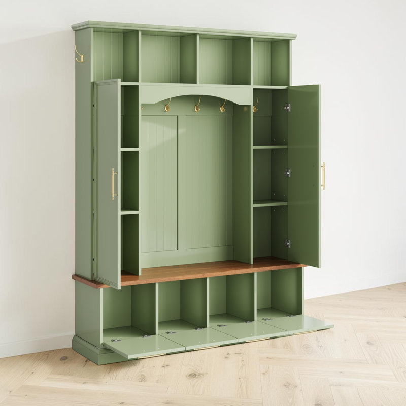Hall Tree 59.03" Wide With Bench And Storage, Green