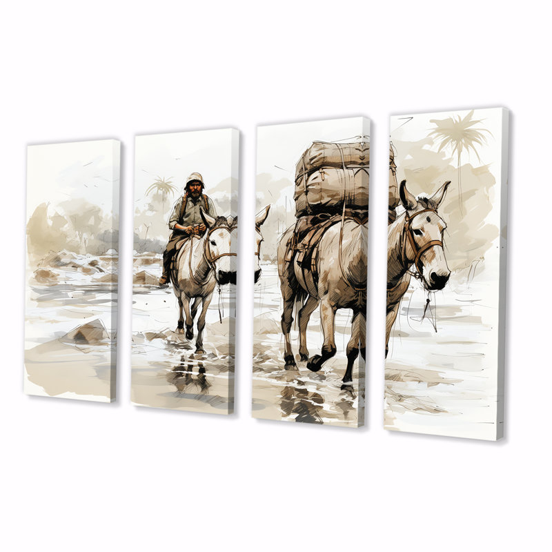 «Vintage Donkey Journey In The Desert», ensemble d'art mural 4 pièces, H 32 po x l 64 po
