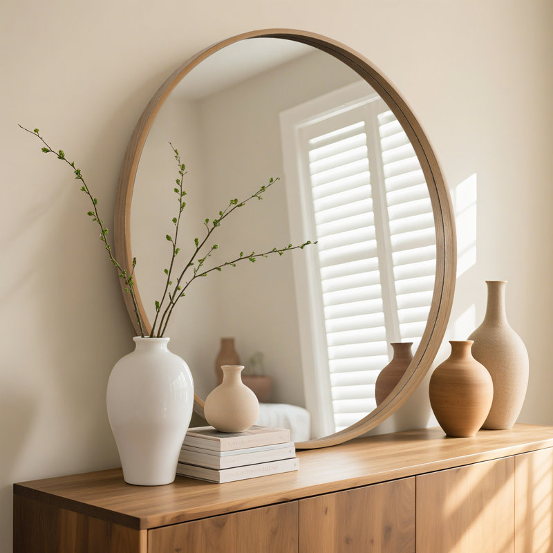 Karrina Accent Wood Round Mirror, Nature, 32" x 32"
