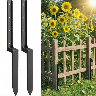Ensemble de réparation de poteau de clôture 2 pièces - Fixateur de clôture incliné pour poteaux de bois cassés 4 x 4/6 x 6 avec support de piquets en acier de calibre 11, installation facile, thermolaqué noir résistant aux intempéries