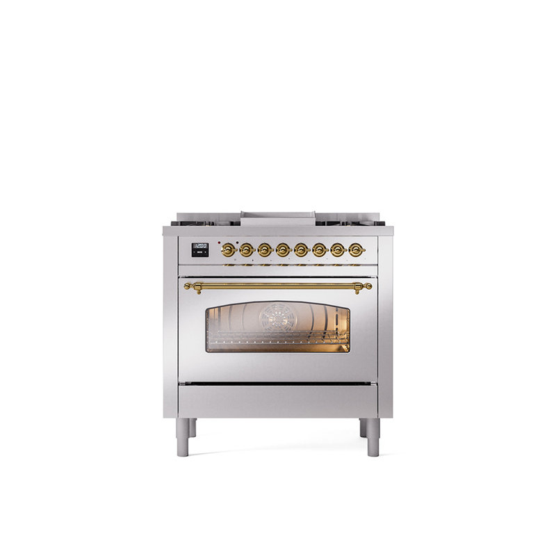 ILVE Nostalgie II Series 36 inch Dual Fuel Range with 6 Burners, Griddle (Glass Door), Natural Gas, Stainless Steel/Brass