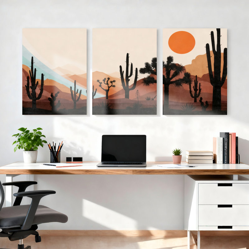 Ensemble de 3 tableaux sur toile représentant un paysage de cactus du désert, H 18 po x l 36 po