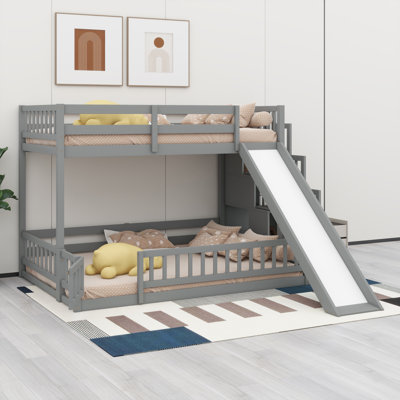 Solid Wood Floor Bunk Bed Frame With Storage Staircase, Safety Guardrails And Bookcase